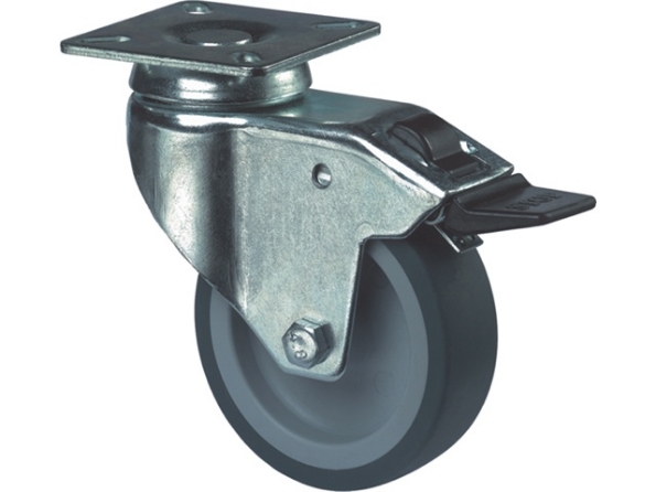 Afbeeldingen van Kelfort Zwenkwiel 50 mm met glijlager met bevestigingsplaat met rem grijs rubber gegalvaniseerd verzinkt