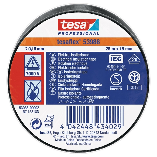 Afbeeldingen van tesa® PVC elektrische isolatietape 53988 19 mm x 25 meter, pvc zwart