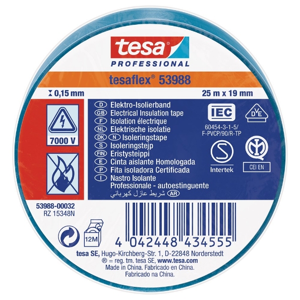 Afbeeldingen van tesa® PVC elektrische isolatietape 53988 19 mm x 25 meter, pvc blauw