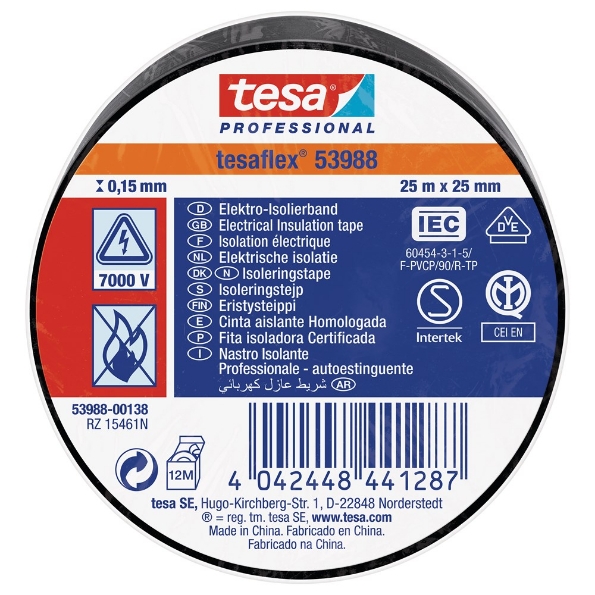 Afbeeldingen van tesa® PVC elektrische isolatietape 53988 25 mm x 25 meter, pvc zwart