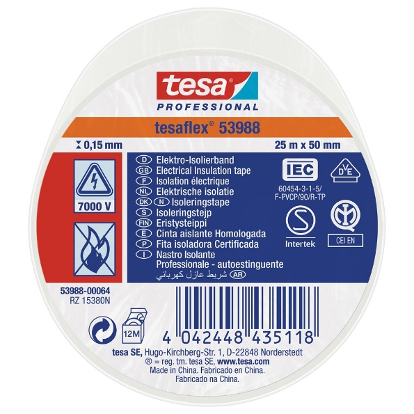Afbeeldingen van tesa® PVC elektrische isolatietape 53988 50 mm x 25 meter, pvc wit