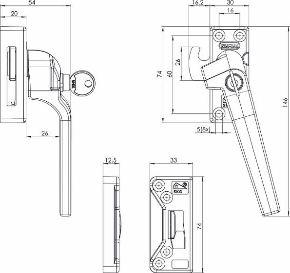Afbeeldingen van Nemef Veiligheidsraamsluiting 53PK nok en cilinder Rechts