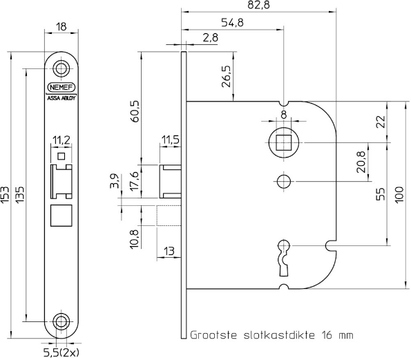 Afbeeldingen van Nemef Deurslot, klaviersleutel 1446 SL55 55 mm staal gelakt Links