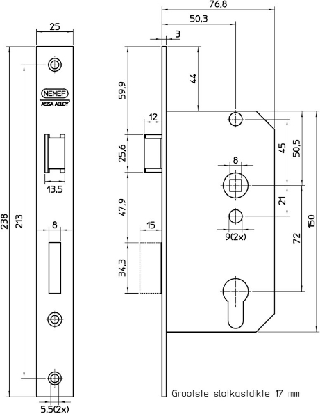 Afbeeldingen van Nemef Deurslot, PC-uitsparing 569 staal gelakt 50 mm
