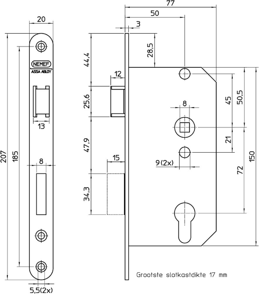 Afbeeldingen van Nemef Deurslot, PC-uitsparing 549 PC72 staal gelakt 50 mm Rechts