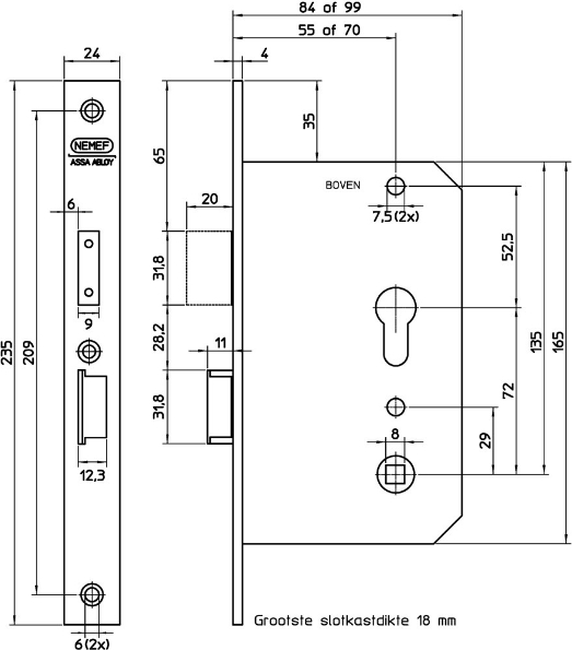 Afbeeldingen van Nemef Veiligheid seniorenslot, Comforte, PC-uitsparing 4429 PC72 55 mm Links