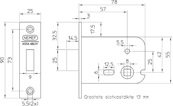 Afbeeldingen van Nemef Badkamerdeurslot 404, 57 mm, aluminium