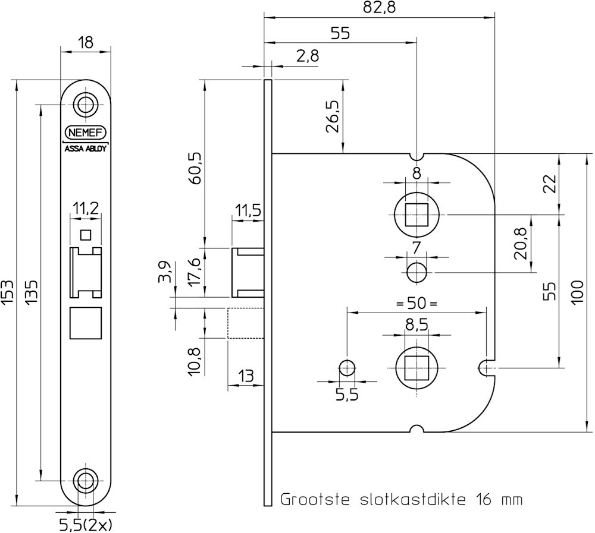 Afbeeldingen van Nemef Badkamerdeurslot 1444 gelakt staal 55 mm Links