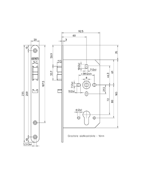 Afbeeldingen van Nemef Deurslot, fluisterdagschoot 649/66 PC72 60 mm zwengeldagslot Links