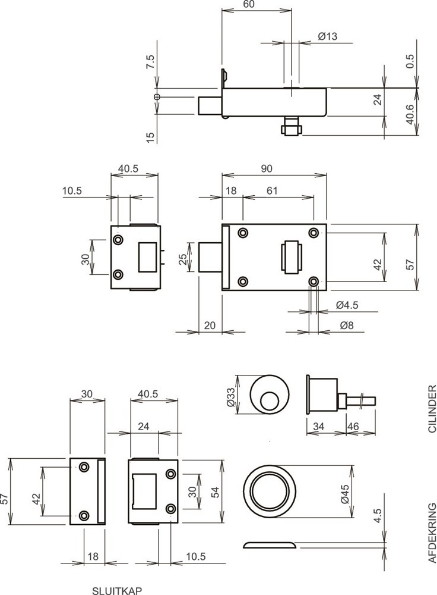Afbeeldingen van LIPS Veiligheidsbijzetoplegslot, losse buitencilinder 1758, doornmaat 60 mm, links, bruin gelakt
