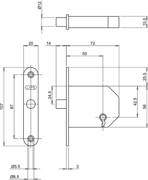 Afbeeldingen van LIPS Kastslot, klaviersleutel 2084, doornmaat 50 mm, gelakt