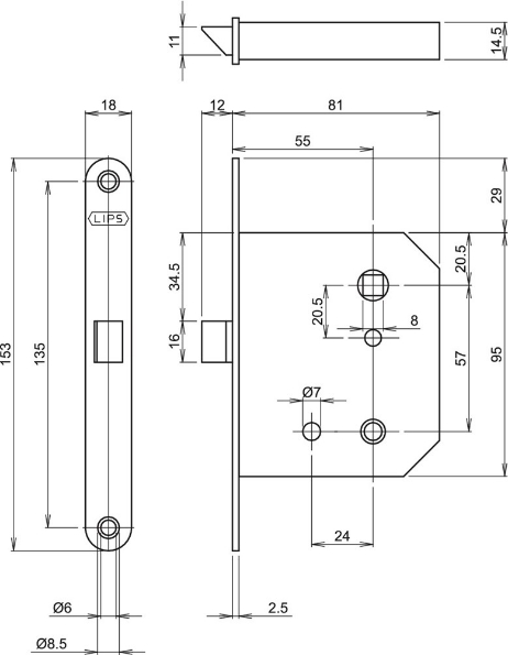 Afbeeldingen van LIPS Loopslot 2131 doornmaat 55mm gegalvaniseerd