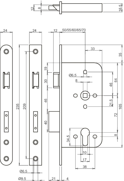 Afbeeldingen van LIPS Veiligheidsdeurslot, PC-uitsparing 2422, doornmaat 50 mm, zonder sluitplaat, pc-72, rvs