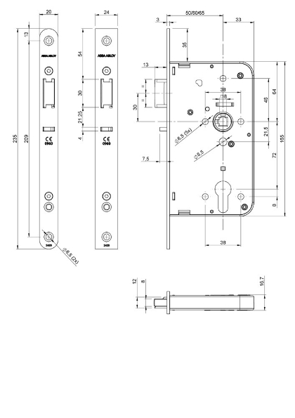 Afbeeldingen van Lips centraalslot, doornmaat 50 mm, zonder sluitplaat, links, pc72, draairichting 1 en 3, rvs