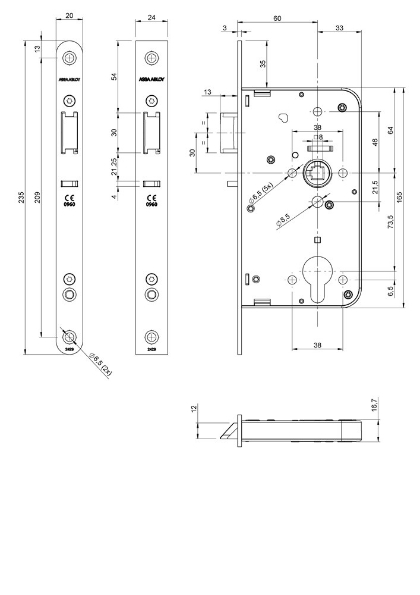 Afbeeldingen van Lips centraalslot, doornmaat 60 mm, zonder sluitplaat, links, rc73.5, draairichting 1 en 3, rvs