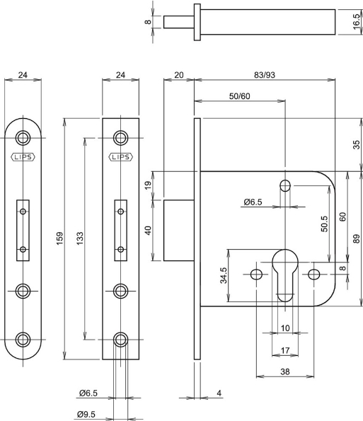 Afbeeldingen van LIPS Veiligheidsbijzetslot, PC-uitsparing 2454, doornmaat 60 mm, zonder sluitplaat, skg2, rvs