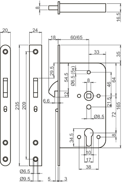 Afbeeldingen van ASSA ABLOY Schuifdeurslot, PC-uitsparing 2477, doornmaat 60 mm, zonder sluitplaat, rvs