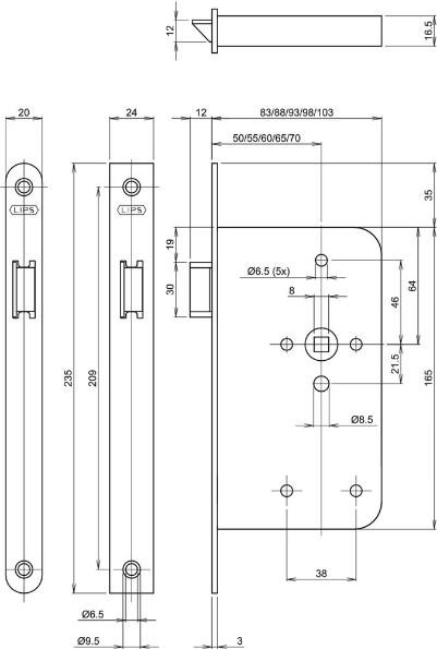 Afbeeldingen van ASSA ABLOY Loopslot 2465, 60 mm, zonder sluitplaat, rvs