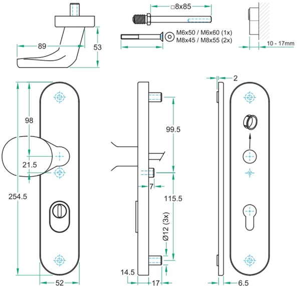 Afbeeldingen van Oxloc Veiligheid voordeurgarnituur met deurduwer PC72,  kerntrekbeveiliging SKG3 rvs mat zwart