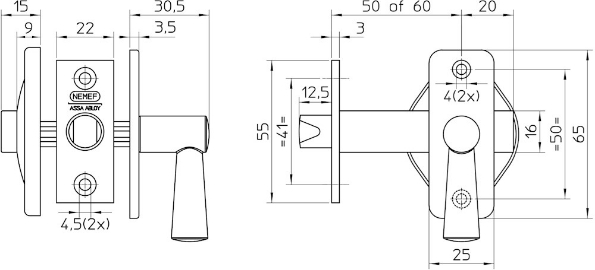 Afbeeldingen van Nemef WC-grendelgarnituur 2705/4-50 mm
