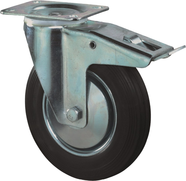 Afbeeldingen van Kelfort Zwenkwiel 100 mm bevestigingsplaat 104x80 mm met rem zwart gegalvaniseerd verzinkt