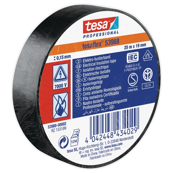 Afbeeldingen van tesa® PVC elektrische isolatietape 53988 19 mm x 25 meter, pvc zwart
