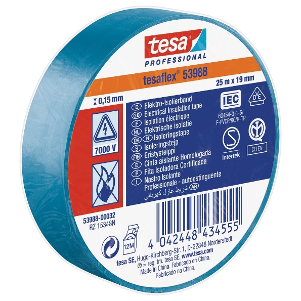 Afbeeldingen van tesa® PVC elektrische isolatietape 53988 19 mm x 25 meter, pvc blauw