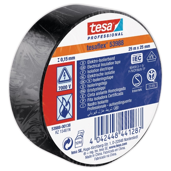 Afbeeldingen van tesa® PVC elektrische isolatietape 53988 25 mm x 25 meter, pvc zwart