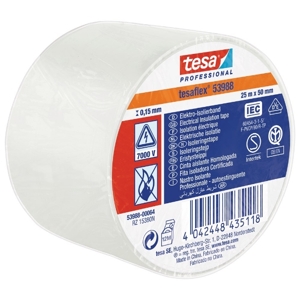 Afbeeldingen van tesa® PVC elektrische isolatietape 53988 50 mm x 25 meter, pvc wit