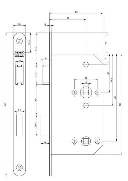 Afbeeldingen van Nemef Badkamerdeurslot 444, WC 72/8 60mm RVS draairichting 1+3