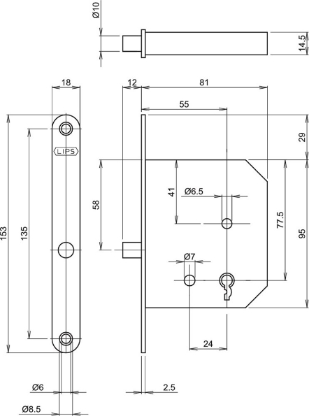 Afbeeldingen van LIPS Klavier kastdeurslot 2134 doornmaat 55mm sl 56 gegalvaniseerd