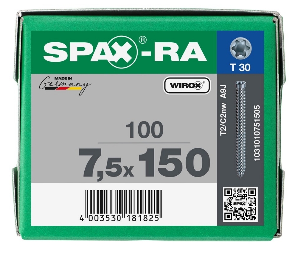 Afbeeldingen van SPAX Kozijnschroef cilinderkop T-STAR plus staal geg T30 7,5 x 150 ck