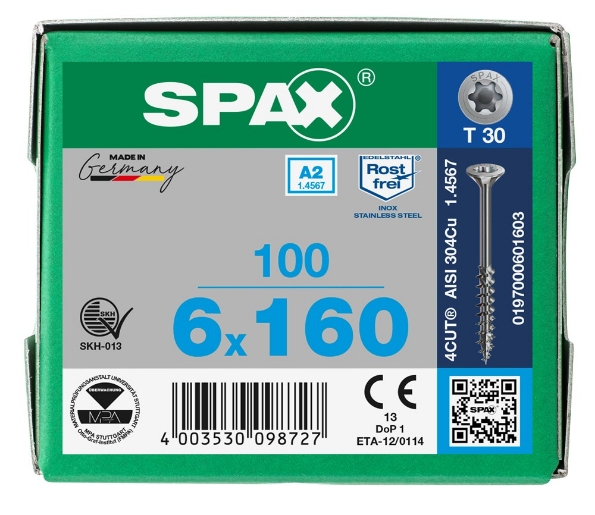 Afbeeldingen van SPAX Spaanplaatschroef, 6.0 x 160 mm, t30, platkop, rvs a2