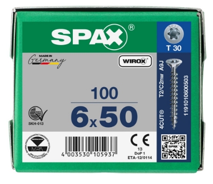 Afbeeldingen van SPAX Spaanplaatschroef, 6.0 x 50 mm, t30, platkop, gegalvaniseerd, verzinkt