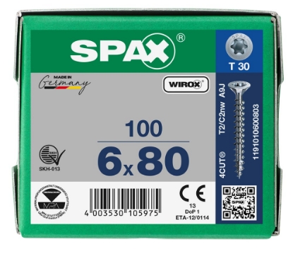 Afbeeldingen van SPAX Spaanplaatschroef, 6.0 x 80 mm, t30, platkop, gegalvaniseerd, verzinkt