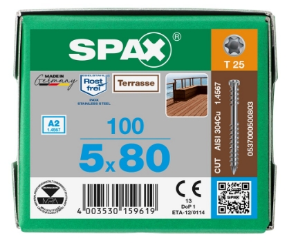 Afbeeldingen van SPAX Vlonderschroef SPAX-D 5 x 80 mm, t25, boorpunt, deeldraad, rvs