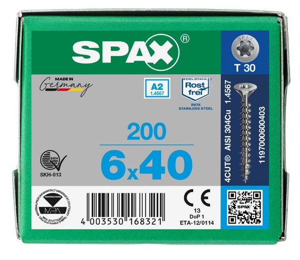 Afbeeldingen van SPAX spaanplaatschroef, 6.0 x 40 mm, t30, rvs