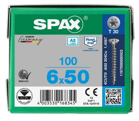 Afbeeldingen van SPAX spaanplaatschroef, 6.0 x 50 mm, t30, rvs