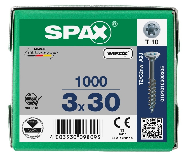 Afbeeldingen van SPAX Spaanplaatschroef gegalvaniseerd platkop t10 3.0x30, deeldraad