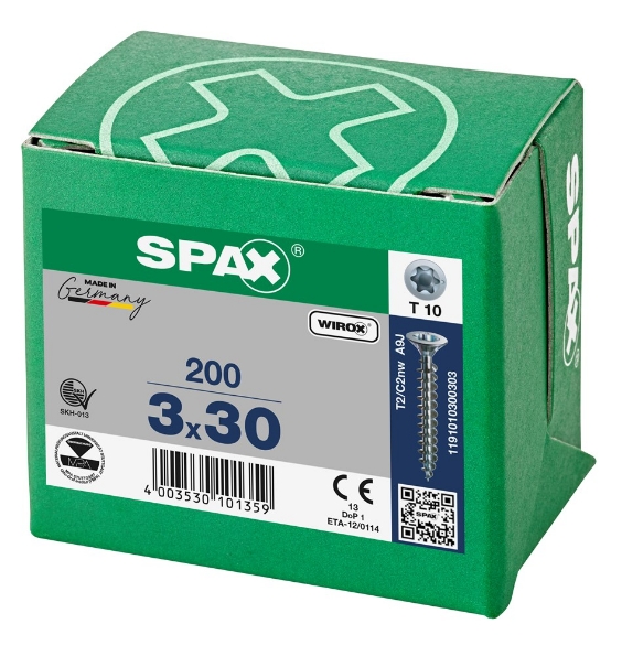 Afbeeldingen van SPAX Spaanplaatschroef, 3.0 x 30 mm, t10, platkop, gegalvaniseerd, verzinkt