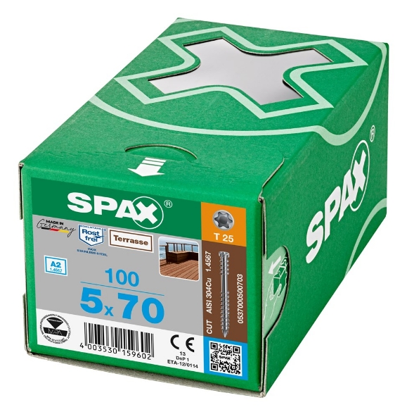 Afbeeldingen van SPAX Vlonderschroef SPAX-D 5 x 70 mm, t25, boorpunt, deeldraad, rvs