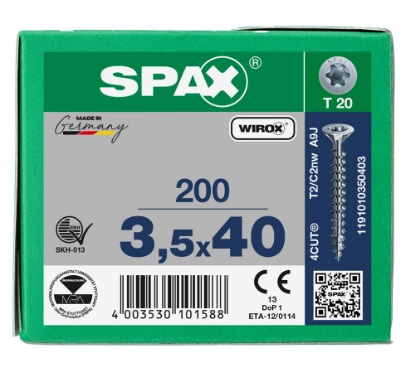 Afbeeldingen van SPAX Spaanplaatschroef, 3.5 x 40 mm, t20, platkop, gegalvaniseerd, verzinkt