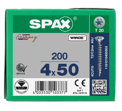 Afbeeldingen van SPAX Spaanplaatschroef, 4.0x50 mm, t20, platkop, gegalvaniseerd, verzinkt