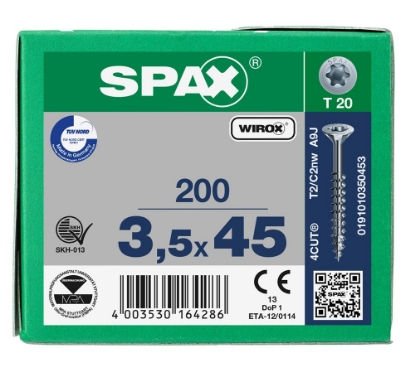 Afbeeldingen van SPAX Spaanplaatschroef, 3.5 x 45 mm, t20, platkop, deeldraad, gegalvaniseerd, verzinkt