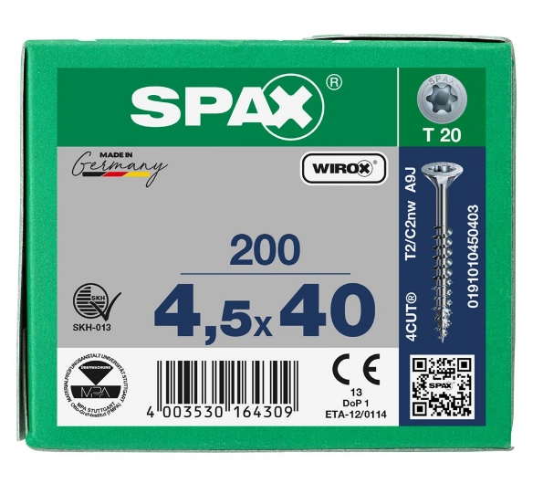 Afbeeldingen van SPAX Spaanplaatschroef, 4.5 x 40 mm, t20, platkop, deeldraad, gegalvaniseerd, verzinkt