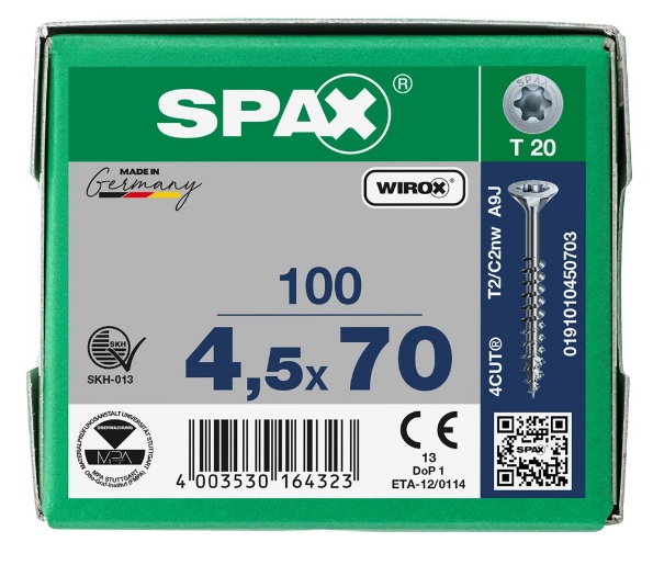 Afbeeldingen van SPAX Spaanplaatschroef, 4.5 x 70 mm, t20, platkop, deeldraad, gegalvaniseerd, verzinkt