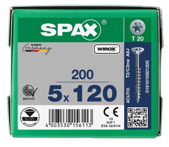 Afbeeldingen van SPAX Spaanplaatschroef, 5.0 x 120 mm, t20, platkop, deeldraad, gegalvaniseerd, verzinkt
