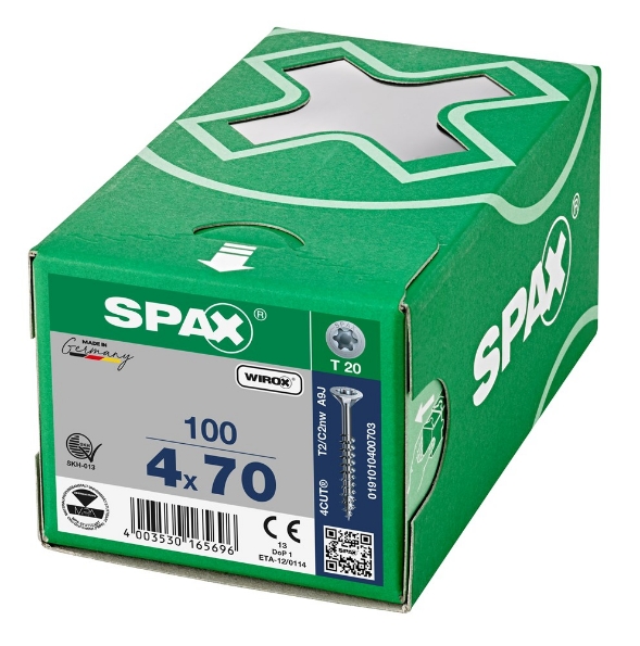 Afbeeldingen van SPAX Spaanplaatschroef, 4.0 x 70 mm, t20, platkop, deeldraad, gegalvaniseerd, verzinkt