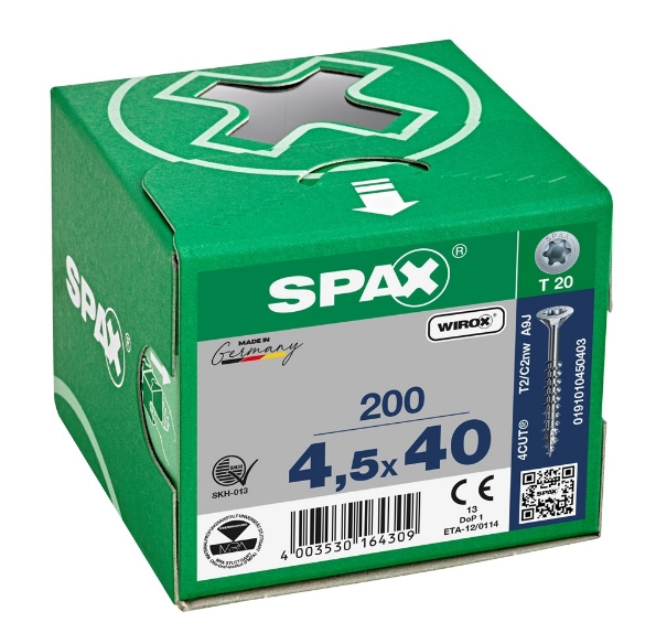 Afbeeldingen van SPAX Spaanplaatschroef, 4.5 x 40 mm, t20, platkop, deeldraad, gegalvaniseerd, verzinkt