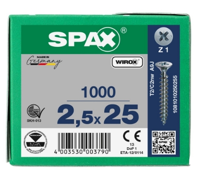 Afbeeldingen van Spax schroeven, 2.5 x 25 mm, platkop, gegalvaniseerd, verzinkt